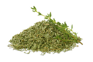 Pile of dried thyme and fresh herb isolated on white