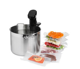 Thermal immersion circulator in pot and vacuum packs with different food products on white...
