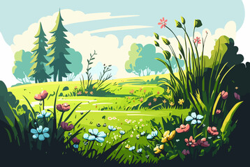 Cartoon forest and meadow landscape, toon environment illustration backdrop scene - obrazy, fototapety, plakaty