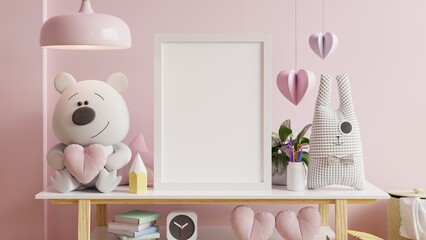 Mockup frame in the valentine's day with white shelf on pink color wall.