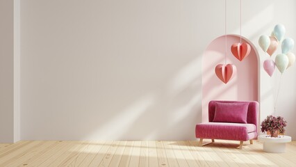 Naklejka premium Valentine interior room have red armchair and home decor for valentine's day.