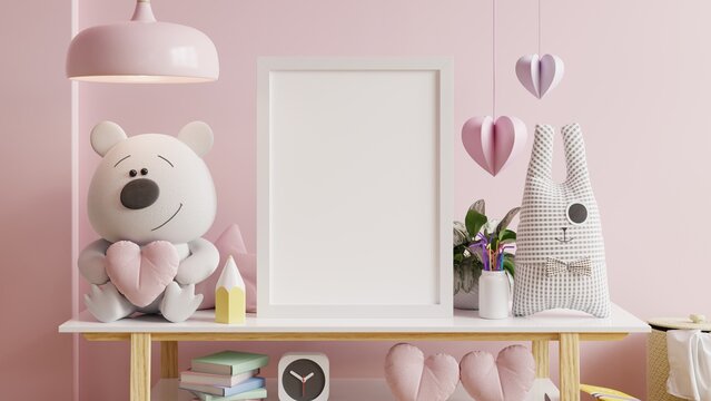 Mockup frame in the valentine's day with white shelf on pink color wall.