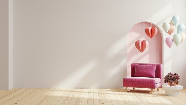 Valentine interior room have red armchair and home decor for valentine's day.