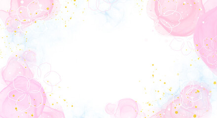 春向けバナー：アルコールインク テクスチャ背景 水彩 アート ラメ・グリッター 金粉 春・桜・ピンク・ゴールド