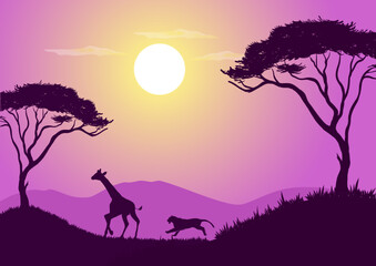 Fototapeta na wymiar Vector illustration of African wildlife with purple silhouettes