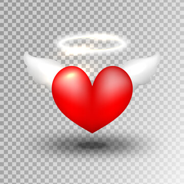 Red heart with wing and halo isolated on transparent background. Valentine's day element. Vector illustration.