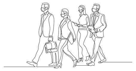 continuous line drawing business team walking together wearing face mask - PNG image with transparent background