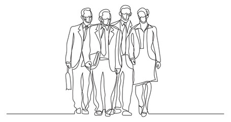 continuous line drawing business team walking wearing face mask - PNG image with transparent background