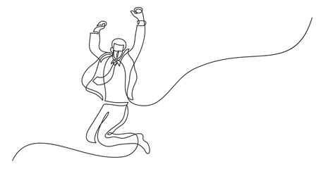 continuous line drawing businessman jumping joy wearing face mask - PNG image with transparent background