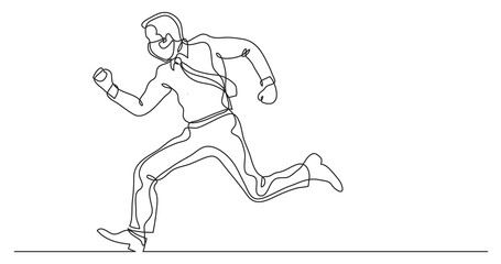continuous line drawing businessman running fast wearing face mask - PNG image with transparent background