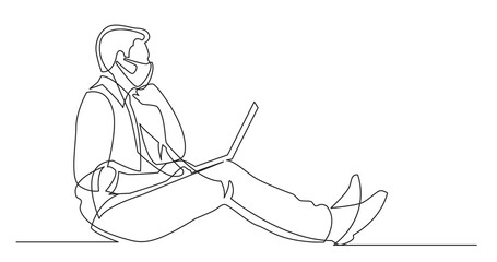 continuous line drawing businessman sitting thinking with laptop computer wearing face mask - PNG image with transparent background