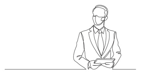 continuous line drawing businessman with tablet wearing face mask - PNG image with transparent background