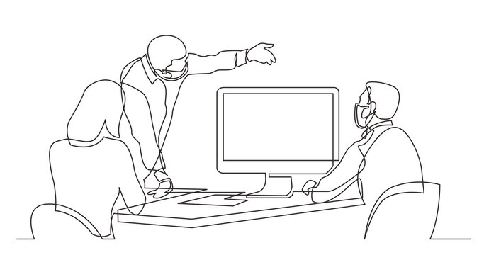 continuous line drawing business team members discussing work process wearing face mask - PNG image with transparent background