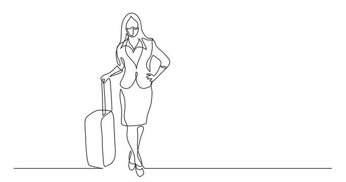 continuous line drawing business traveler standing with bag on wheels wearing face mask - PNG image with transparent background