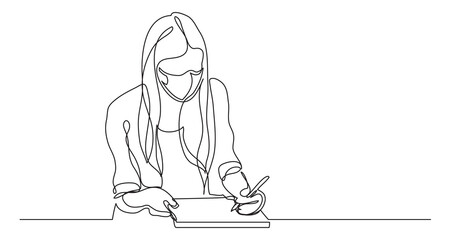 continuous line drawing girl writing wearing face mask - PNG image with transparent background