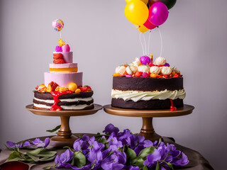 Photo of chocolate cakes with fruits, sweets, petals and balloons for decoration