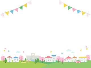 桜咲く春の街並みとガーランドのフレーム_ベクターイラスト