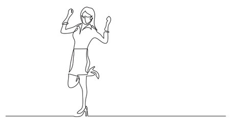 continuous line drawing happy cheering woman wearing face mask - PNG image with transparent background