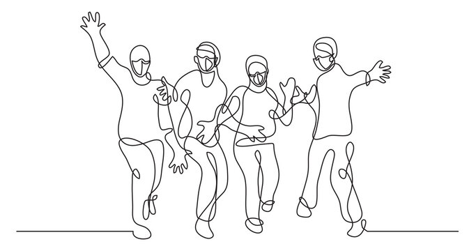 continuous line drawing happy cheerful friends wearing face mask - PNG image with transparent background