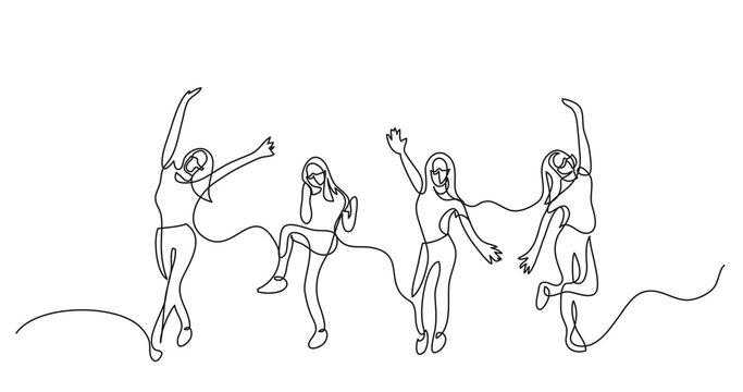 continuous line drawing happy cheering team of girls wearing face mask - PNG image with transparent background