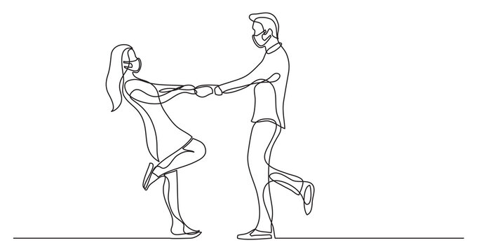 continuous line drawing happy couple dancing wearing face mask - PNG image with transparent background