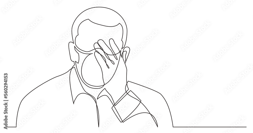 Wall mural continuous line drawing man in deep depression wearing face mask - png image with transparent backgr