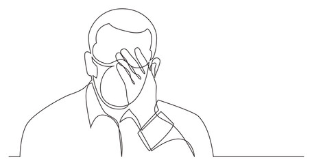 continuous line drawing man in deep depression wearing face mask - PNG image with transparent background