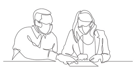continuous line drawing man nstructing woman on work place wearing face mask - PNG image with transparent background