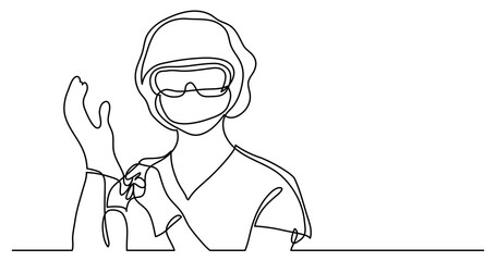 continuous line drawing of doctor in mask putting on protective gloves - PNG image with transparent background