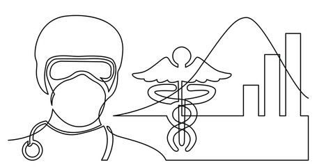 continuous line drawing of doctor in mask with coronavirus cases curve diagram and medical symbol - PNG image with transparent background
