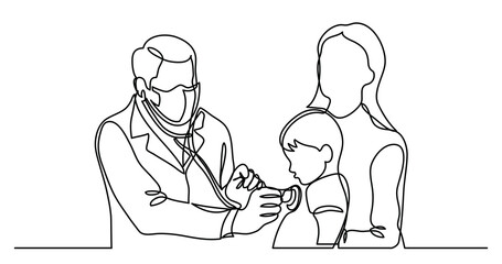 continuous line drawing of doctor in protective mask checking child with stethoscope - PNG image with transparent background