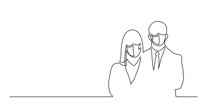 continuous line drawing of couple of business people wearing face mask - PNG image with transparent background