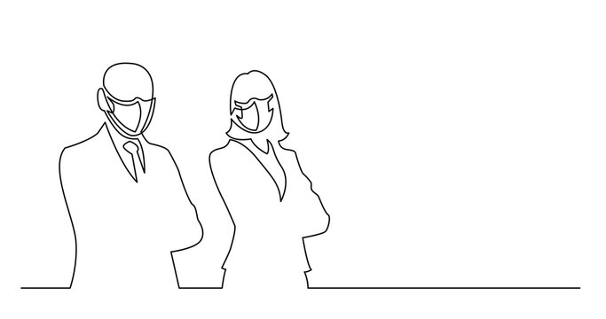 continuous line drawing of couple of business persons wearing face mask - PNG image with transparent background