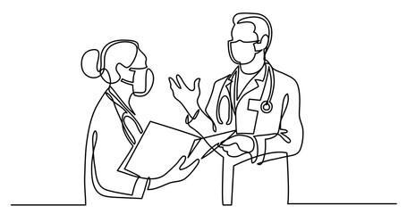 continuous line drawing of standing healthcare professionals in protective masks discussing meeting - PNG image with transparent background