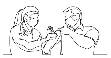 continuous line drawing of woman doctor in protective mask doing vaccination shot to patient in mask - PNG image with transparent background