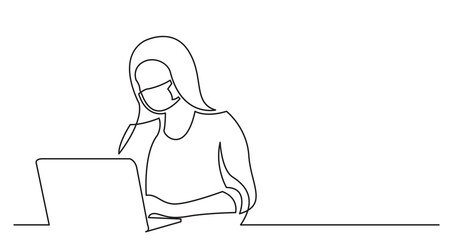 continuous line drawing of woman in protective mask working behind laptop computer - PNG image with transparent background