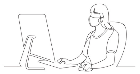 continuous line drawing office worker sitting behind computer display wearing face mask - PNG image with transparent background