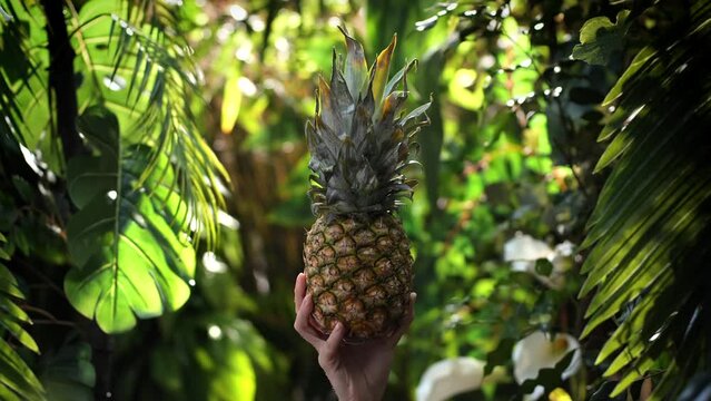 Hand holding pineapple over tropical jungle background