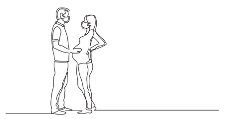 continuous line drawing standing man pregnant woman wearing face mask - PNG image with transparent background