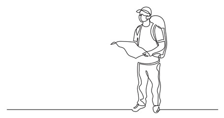 continuous line drawing standing traveler with backpack holding map wearing face mask - PNG image with transparent background