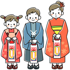 七五三に着物を着て千歳飴を持つ女の子と男の子