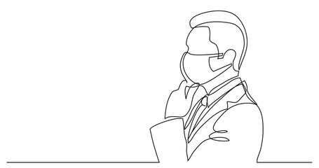 continuous line drawing thinking businessman wearing face mask - PNG image with transparent background
