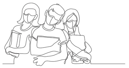 continuous line drawing three standing school kids with books wearing face mask - PNG image with transparent background