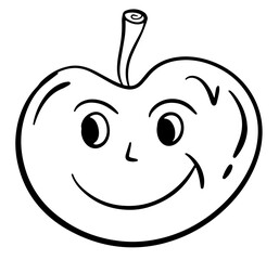 Apple character design. Coloring book. Black and white drawing vector illustration.