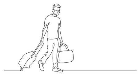 continuous line drawing traveler walking rolling bag on wheels wearing face mask - PNG image with transparent background