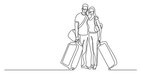 continuous line drawing travelling couple standing with baggage luggage wearing face mask - PNG image with transparent background