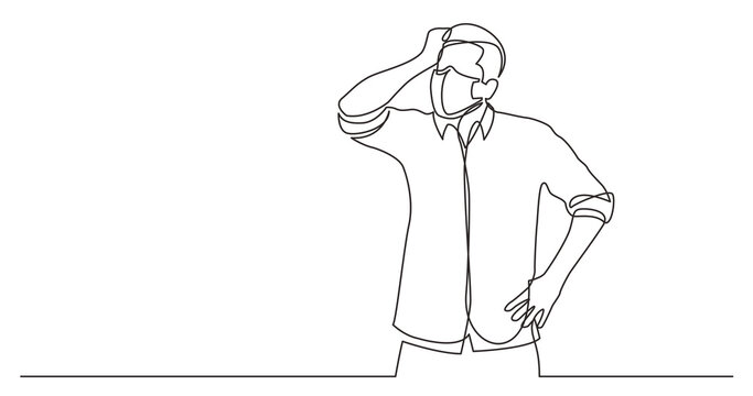 continuous line drawing standing confused man in shirt wearing face mask - PNG image with transparent background