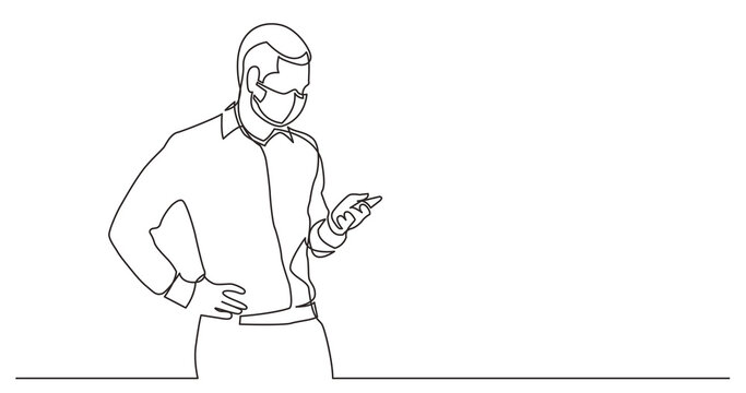 continuous line drawing standing man checking his cell phone wearing face mask - PNG image with transparent background