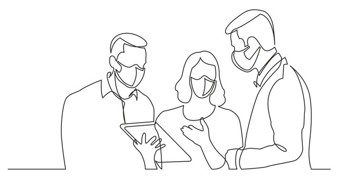 continuous line drawing team discussing work task wearing face mask - PNG image with transparent background
