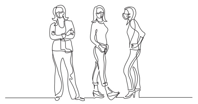 continuous line drawing three standing women wearing face mask - PNG image with transparent background